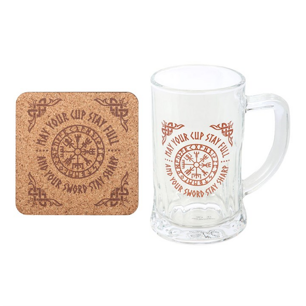 Viking Compass Glass Beer Tankard with Coaster