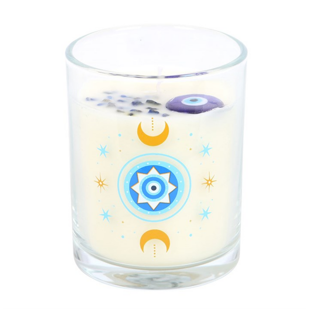 Under Watchful Eyes White Rose Candle with Crystals