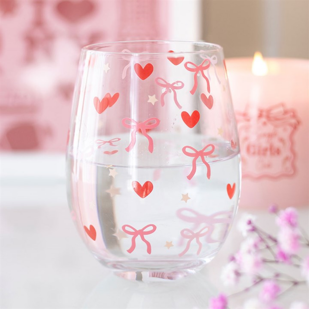 Bow and Heart Print Stemless Glass