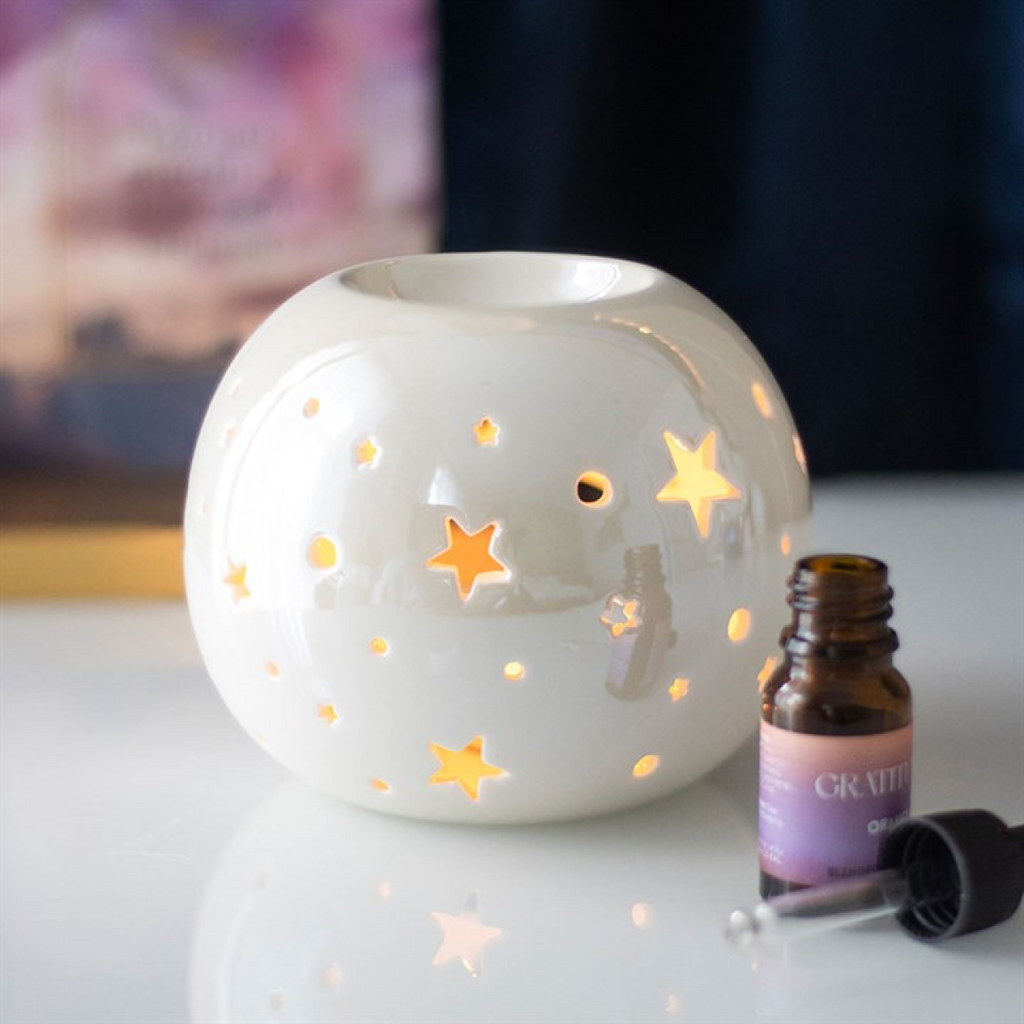 *White Iridescent Star Ceramic Oil Burner and Wax Warmer (12/24)