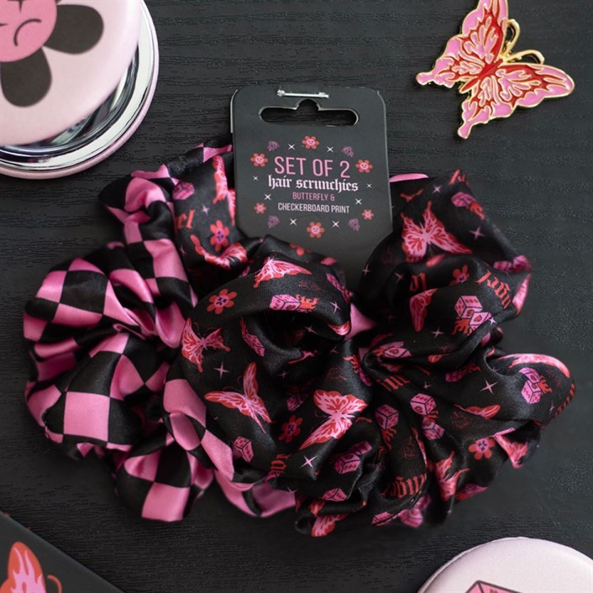 Set of 2 Rebel Butterfly and Checkerboard Hair Scrunchies